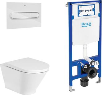 Roca Roca Pack The Gap 54 Round+duplo Inodoro Suspendido Rimless Fijaciones Ocultas Pulsador Blanco - Asiento: Caida Amortiguada - Ref: A3460nl000+a801d12+