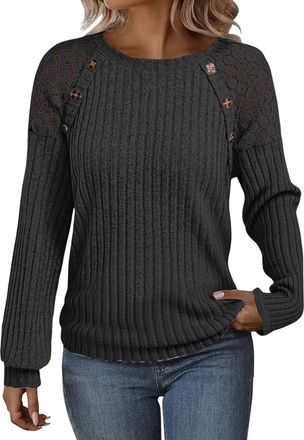 Generic Jumpers for Women UK Fashion Lace Raglan Long Sleeve Crewneck Button Sides Knitted Pullover Sweaters Oversized Solid Color Casual Fall Winter Warm Vac