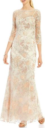 Aidan Mattox Sheer Embroidered Lace Gown In Blush Multi