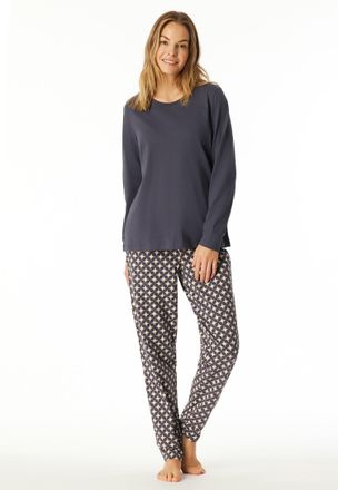 Schiesser Schlafanzug SCHIESSER Comfort Essentials, Damen, Gr. 48, graphit, Single Jersey, Obermaterial: 100% Baumwolle, bequem lang, Rundhals, angesetztes B&uuml;nd
