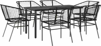 vidaXL 7 Piece Garden Dining Set Black Poly Rattan Glass Vidaxl