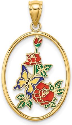 Diamond2Deal 14k Yellow Gold Enamel Yellow Butterfly in Oval Red Flower Charm