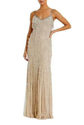 Mac Duggal Womens V-Neck Net Gown with Thin Straps and Elegant Embellishments in Nude Silver at Nordstrom, Size 12