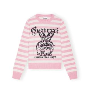 Ganni Round-neck Knitwear, female, Pink, Size: XS Striped Bunny Crewneck Sweater