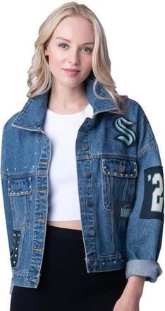 G-III 4Her by Carl Banks Womens G-III 4Her by Carl Banks Seattle Kraken Game Ball Cropped Button-Up Denim Jacket at Nordstrom, Size Xx-Large