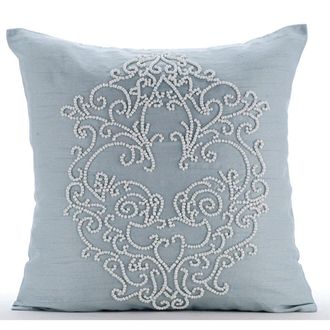 OEM Funda De Almohada De Estilo Europeo, 66 X 66 Cm, Seda Azul Claro Con Estampado Franc&eacute;s Y Dise&ntilde;o De Brocado, Dise&ntilde;o De Cuentas De Estilo Victoriano, Ap