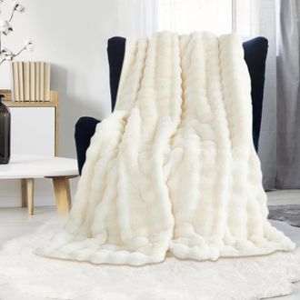 OEM Manta De Piel Sint&eacute;tica De Conejo Blanco, Textura De Burbujas, 150x200 Cm, Muy Suave Para Sal&oacute;n O Dormitorio