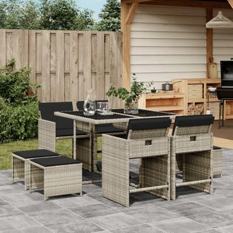 vidaXL Vidaxl - Set Comedor De Jard&iacute;n 9 Pzas Cojines Rat&aacute;n Sint&eacute;tico Gris Claro