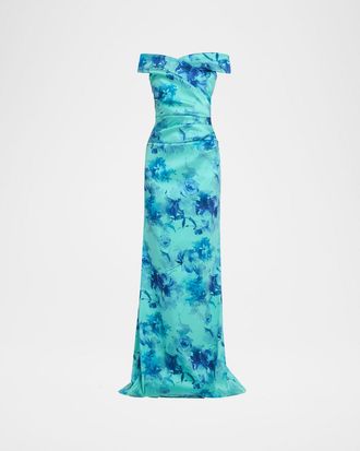 Teri Jon Off-Shoulder Floral Gazar Column Gown