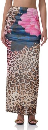 AFRM Bevin Printed Ruched Mesh Maxi Skirt in Animal Block Peony at Nordstrom, Size X-Large