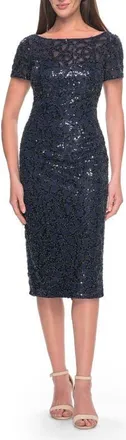 La Femme Short Evening Dress with Intricate Beaded Sequin Design in Navy at Nordstrom, Size 10
