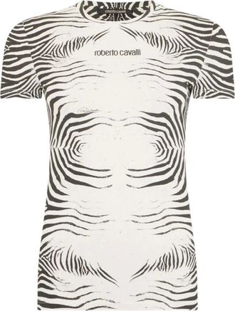 Roberto Cavalli Tops, Dames, Wit, S, Katoen, Zebra Print T-Shirt