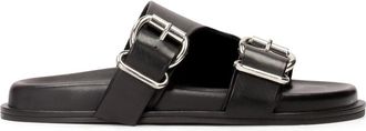 Kazar Zwarte muilen met twee gespen op een comfortabele zool - Dames - Sandalen - Zwart - 36 EU - Leer - Schoenen