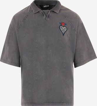 Just Cavalli Baumwoll-T-Shirt mit Flammenstickerei und Logo auf der R&uuml;ckseite
