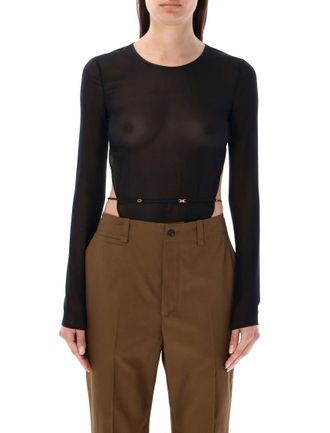 Saint Laurent Black Long-Sleeve Georgette Bodysuit