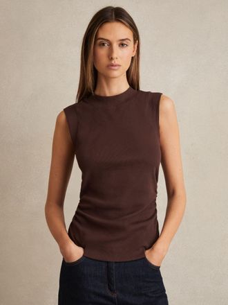 Reiss Chocolate Ribbed Ruched Waist Vest, XL