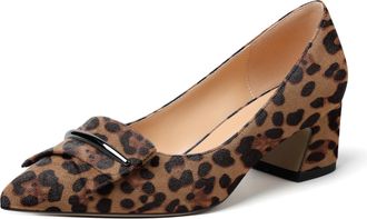 EDEFS Women Pointed Toe Block Heel Pumps Slip on Low Heels Pointed Toe Court Shoes Classic Buckle Design 2 Block Heeled Shoes Suede Leopard UK2