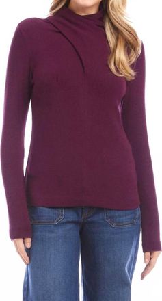 Karen Kane Ribbed Faux Wrap Turtleneck Top In Eggplant