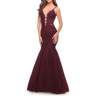 La Femme Tulle and Lace Mermaid Gown in Jewel Tones in Burgundy at Nordstrom, Size 4
