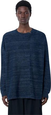 Yohji Yamamoto Round-neck Knitwear, male, Blue, Size: L 7G 2Ply Pallarel Yarn Button Detail Sweater