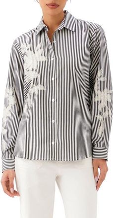 Karen Kane Stripe Embroidered Cotton Blend Button-Up Shirt in Black W/Off White at Nordstrom, Size X-Small