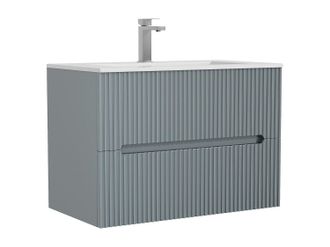 Vente-Unique Mueble de ba&ntilde;o suspendido con lavabo encastrado y grifo - Estriado azul cielo - 80 cm - PAVANI