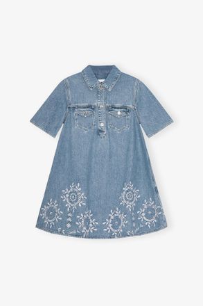 Ganni Blue Broderie Anglaise Mini Dress - Size 10/12 Organic Cotton