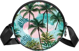 Generic Circle Crossbody Bag for Women, Leaf Art Small Sling Bag Daypack with Zipper Adjustable Shoulder Straps Casual Ladies Girls Round Purse