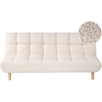 Beliani Sofa Bed Off-White Boucle Upholstery Wooden Legs 3 Seater Tufted Backrest Ouilted Seat Modern Design Armless RISOR