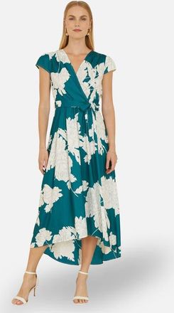 Yumi Blossom Print Dipped Hem Wrap Midi Dress in Green at Nordstrom, Size 18