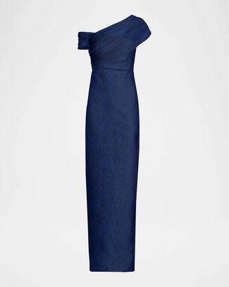 Theia Zara One-Shoulder Metallic Jacquard Column Gown