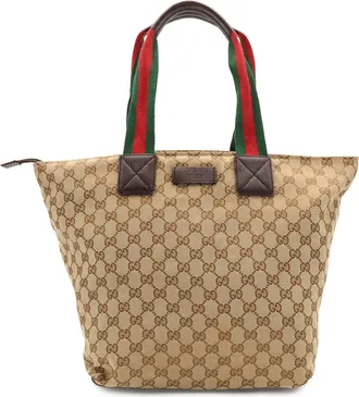 Gucci Beige Dark Brown Green Red Color Nylon Canvas Leather Shoulder Bag Tote Bag (Pre-Owned)