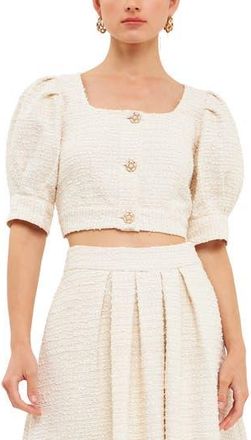 endless rose Premium Puff Sleeve Tweed Crop Top in Ivory at Nordstrom Rack, Size Large