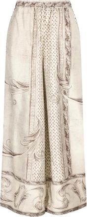 Max Mara Gedrukte Zijden Wijde Pijpen Broek - Dames - Broeken - Beige - Maat: 3XS Zijde