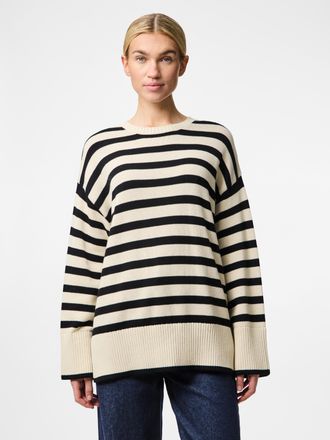 Pieces Rundhalspullover PIECES PCAVA LS O-NECK SLIT KNIT NOOS, Damen, Gr. S (36), beige (birch stripes:schwarz), Strick, Obermaterial: 100% Baumwolle, gestre
