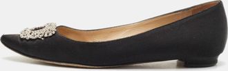 Manolo Blahnik Black Satin Hangisi Crystal Embellished Ballet Flats