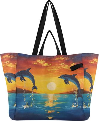 Generic Dolphin Ocean Orange (1) pattern Reusable Canvas Tote Bag, Heavy Duty Grocery Shopping Bag with Large Capacity Double Handles Hard Bottom Work Groceri