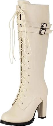 Generic Ladies Designer Knee High Boots Round Toe Super High Block Heel Platform With Zipper Lace-Up And Belt Details