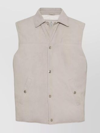 Brunello Cucinelli leather vest with sleeveless design and slip pockets