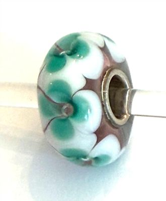 Trollbeads Womens Universal Charm Bead In Unique Light Pink/white With Aqua Flowers