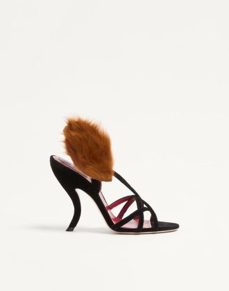 Valentino Garavani Sandalo Fetishique In Velluto Con Foglia In Pelliccia 105Mm Donna NERO 36.5