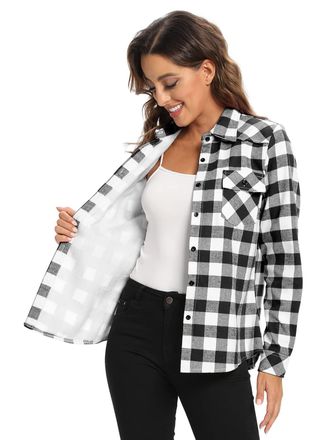 OCHENTA Womens Flannel Shirts Plaid Shacket Long Sleeve Fleece Lined Shirt Jacket, Black White Plaid, S