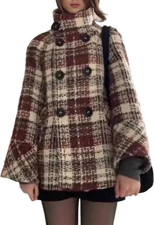 Generic Womens Plaid Tweed Jacket Double Breasted Pea Coat Winter Dressy Stand Collar Tweed Jacket With Pocket (Red,M)