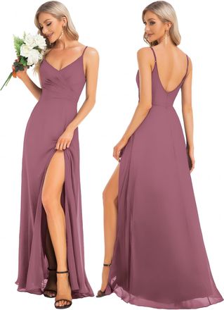 Ever-pretty Womens A Line Spaghetti Straps V Neck Long Chiffon Asymmetry Prom Dress with Slit Orchid 20