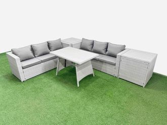 Fimous 6-seater Patio Rectangular Table 3 Seater Sofa Set with 2 Side Tables in Light Grey