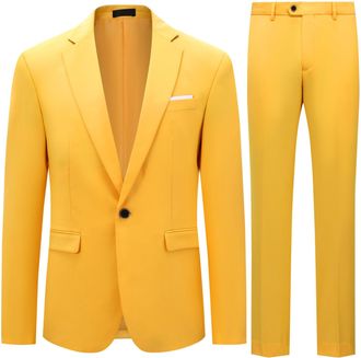 AlltheMen Mens Slim Fit 2 Piece Suit One Button Business Jacket & Trousers, Chest 34(trousers:waist 28)/X-Small, Yellow-stand Out