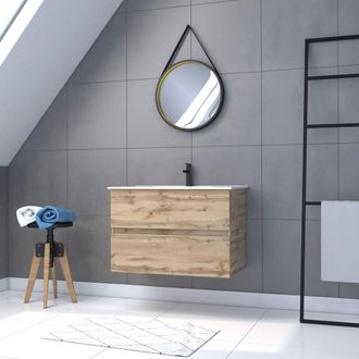 Aurlane Aurlane - Mueble De Ba&ntilde;o 80cm Suspendido Acabado Roble - Lavabo Blanco+ Espejo Barbero - Timber 80 - Pack38