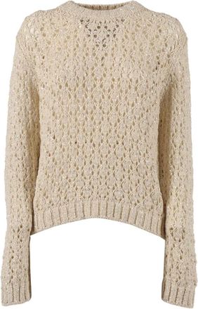 Fabiana Filippi Round-neck Knitwear, female, Beige, Size: XS Maglia Girocollo in Fettuccia Stampata Paillettes P. Rombi
