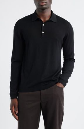 Jack Victor Long Sleeve Wool & Silk Polo Sweater in Black at Nordstrom, Size Xx-Large