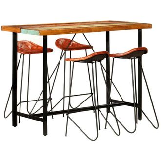 vidaXL Muebles De Bar 5 Piezas Madera Maciza Reciclada Cuero Aut&eacute;ntico Vidaxl